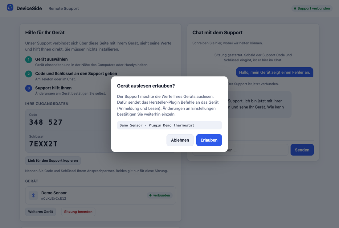 Customer side: support page in the browser, asking to allow reading the device